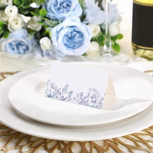 100 Pcs Blue Floral Tented Place Cards Wedding Party Supplies