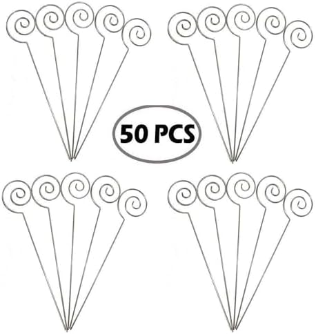 HOHIYA 50pc Silver Floral Card Holder Pick Stick