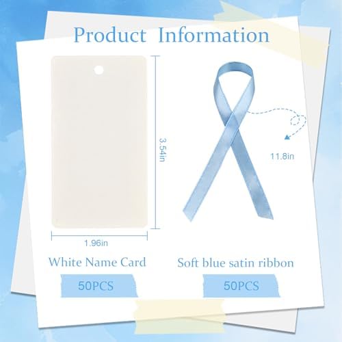 50 Pcs Blank Name Place Cards with Satin Ribbon Blue