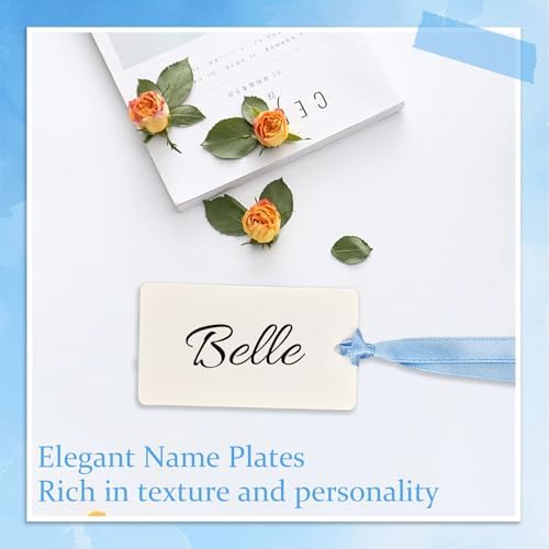 50 Pcs Blank Name Place Cards with Satin Ribbon Blue