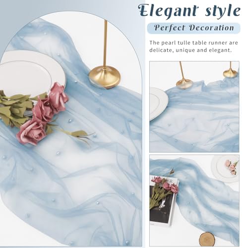 Set of 6 Dusty Blue Pearl Tulle Table Runners