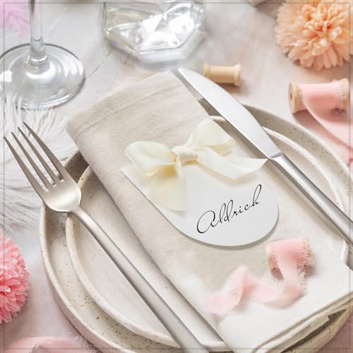 100 Pack Ivory White Wedding Place Cards with Bow Ribbon Arch Design