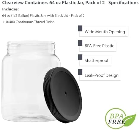 Plastic Storage Jars with Leak Proof Lids BPA Free 64oz 2PK Black