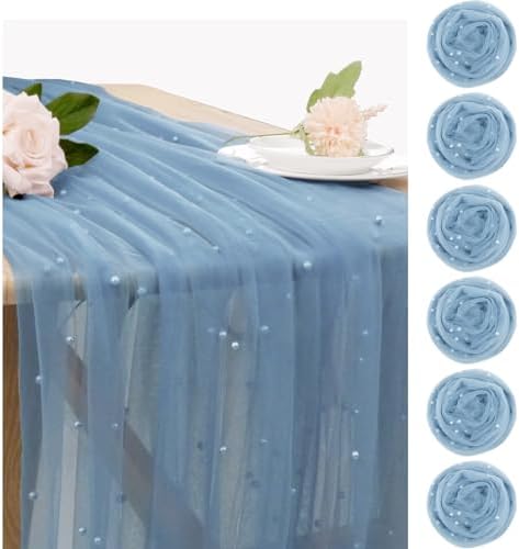 Set of 6 Dusty Blue Pearl Tulle Table Runners