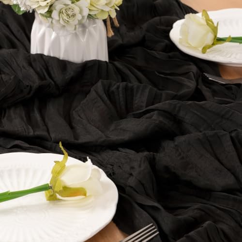LINXTAR Black Boho Cheesecloth Table Runner 10FT