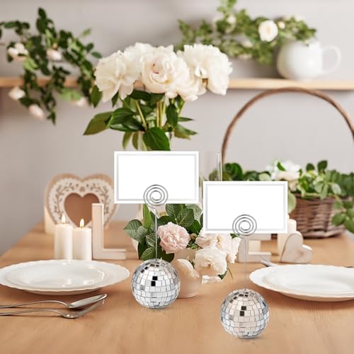 Uiifan 60 Pcs Silver Disco Ball Place Card Holders