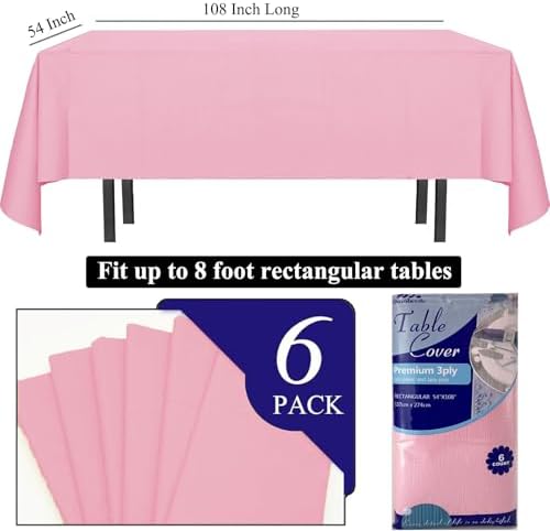 6 Pack Pink Disposable Tablecloth for Rectangle Tables 54x108 Inch Party Cover