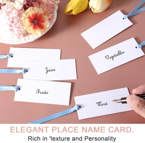 50 PCS Elegant Place Cards with Blue Sateen Ribbons