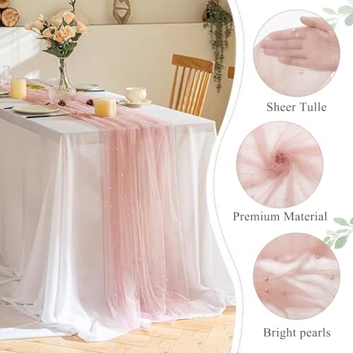 Set of 6 Dusty Pink Pearl Tulle Table Runners