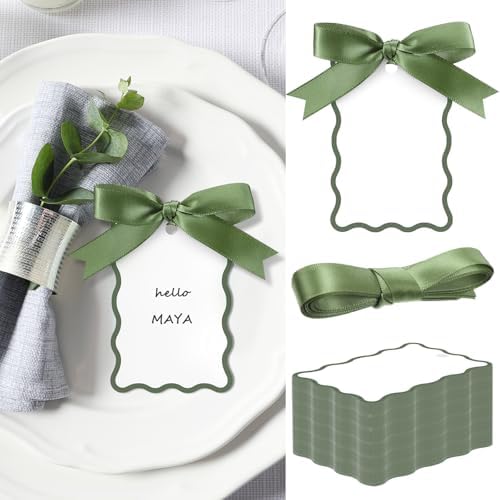 200 Pcs Scallop Name Place Cards with Ribbon Sage Green