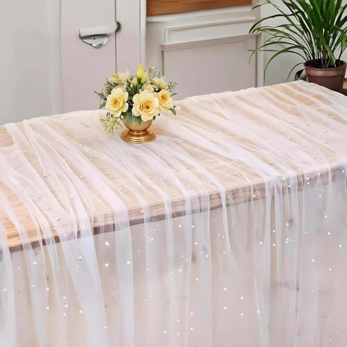 Set of 2 White Chiffon Table Runners with Glitter Sequins and Pearls