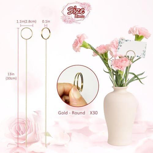 Limso 30 Pcs Gold Round Metal Wire Place Card Holder