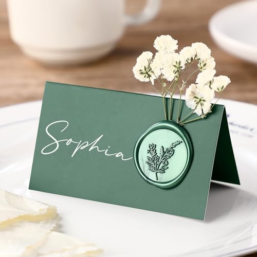 50 Pack Forest Green Wax Seal Place Cards with Babys Breath Flowers