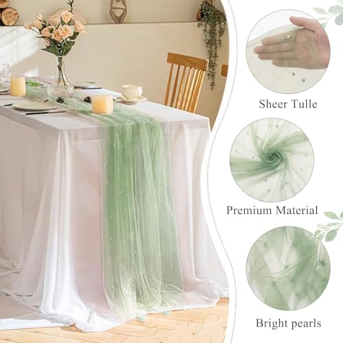 6 Piece Pearl Tulle Table Runner Set Sage Green