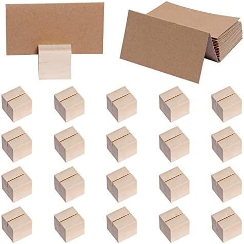 20 Pieces Wood Place Card Holders with Brown Paper Cards