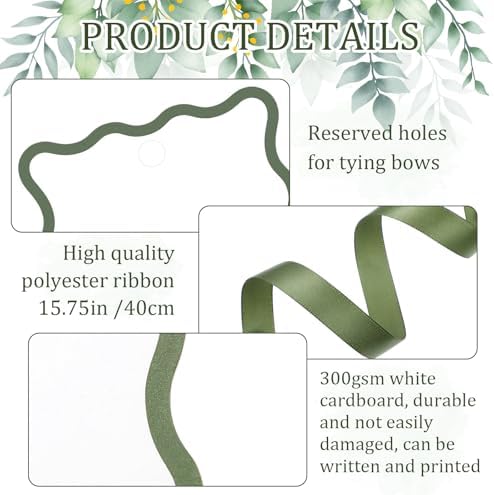 200 Pcs Scallop Name Place Cards with Ribbon Sage Green