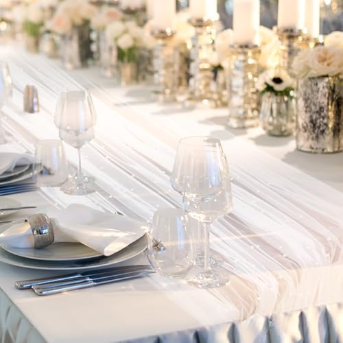 Set of 2 White Chiffon Table Runners with Glitter Sequins and Pearls