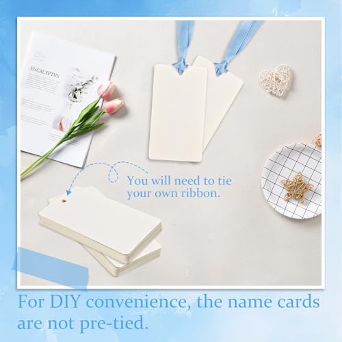 50 Pcs Blank Name Place Cards with Satin Ribbon Blue