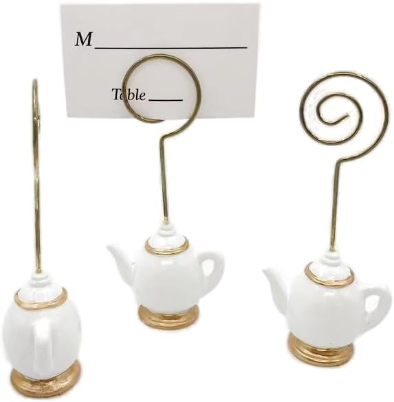 10Pcs Teapot Table Card Holder with Golden and White Design