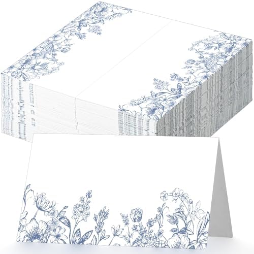 100 Pcs Blue Floral Tented Place Cards Wedding Party Supplies
