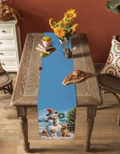 Winter Snowman Pet Dog Linen Table Runner 13x60In