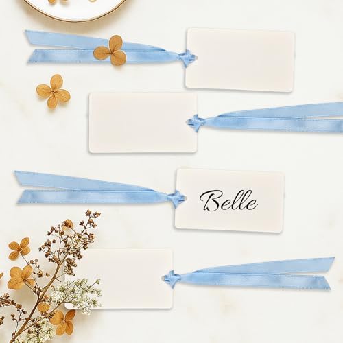 50 Pcs Blank Name Place Cards with Satin Ribbon Blue