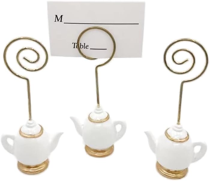 10Pcs Teapot Table Card Holder with Golden and White Design