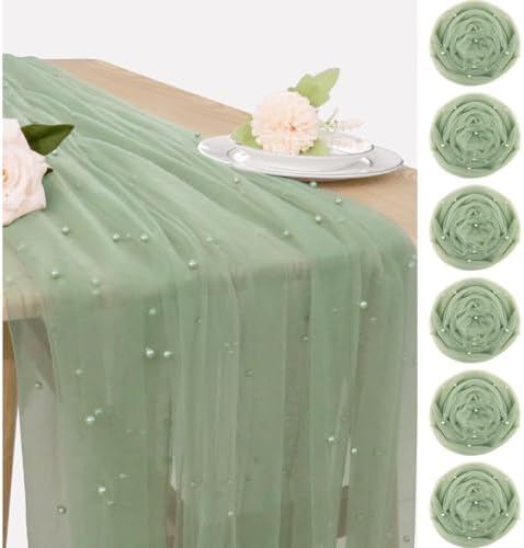 6 Piece Pearl Tulle Table Runner Set Sage Green