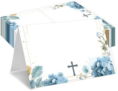 Blue Floral Baptism Place Cards for Boys and Girls