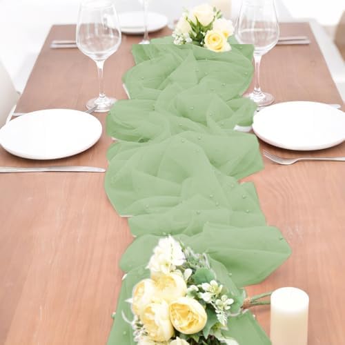 Set of 6 Pearl Table Runner 10ft Table Cloth Green