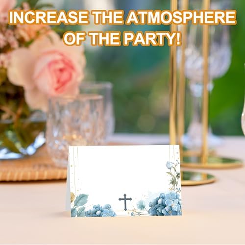 Blue Floral Baptism Place Cards for Boys and Girls