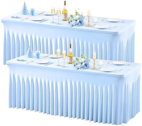 2 Pack Baby Blue Spandex Tablecloths for 6 Foot Rectangle Tables