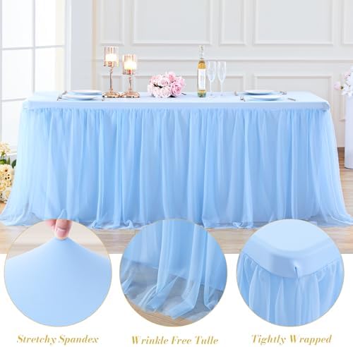 Tao-Ge Baby Blue Tulle Tablecloth for 6ft Rectangle Tables