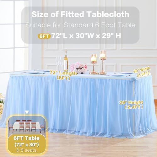 Tao-Ge Baby Blue Tulle Tablecloth for 6ft Rectangle Tables