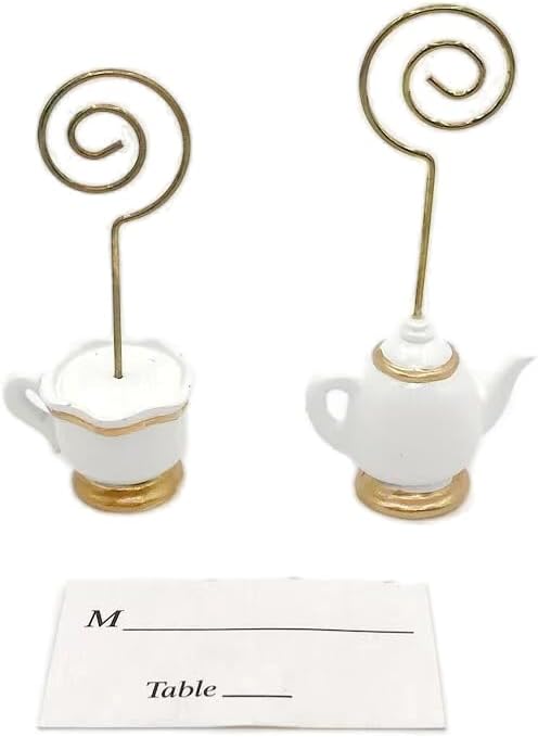 10Pcs Teapot Table Card Holder with Golden and White Design