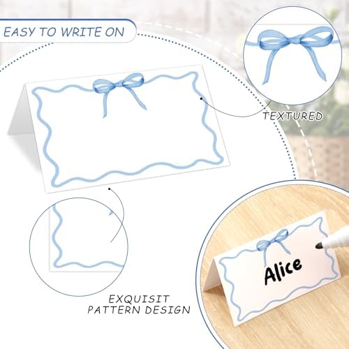 Whaline 100 Pcs Blue Bow Place Cards for Parties