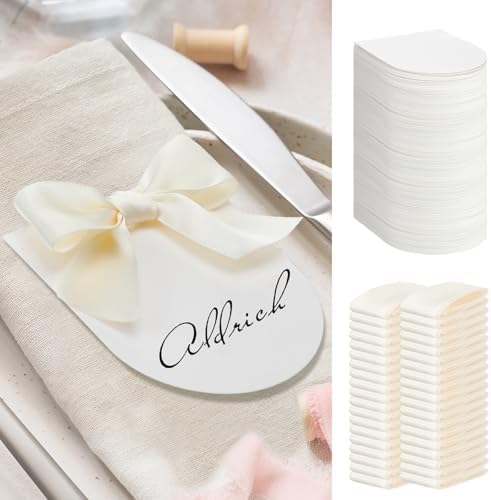 100 Pack Ivory White Wedding Place Cards with Bow Ribbon Arch Design