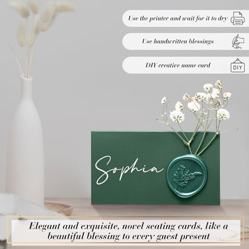 50 Pack Forest Green Wax Seal Place Cards with Babys Breath Flowers