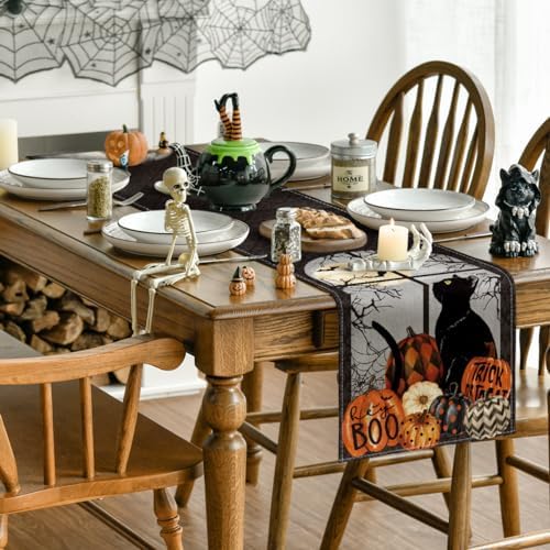 Artoid Mode Boo Black Cat Pumpkins Halloween Table Runner