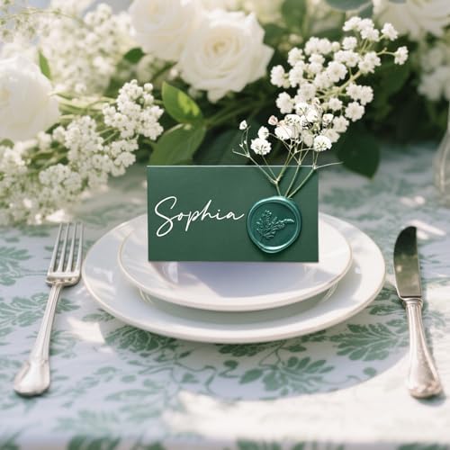 50 Pack Forest Green Wax Seal Place Cards with Babys Breath Flowers