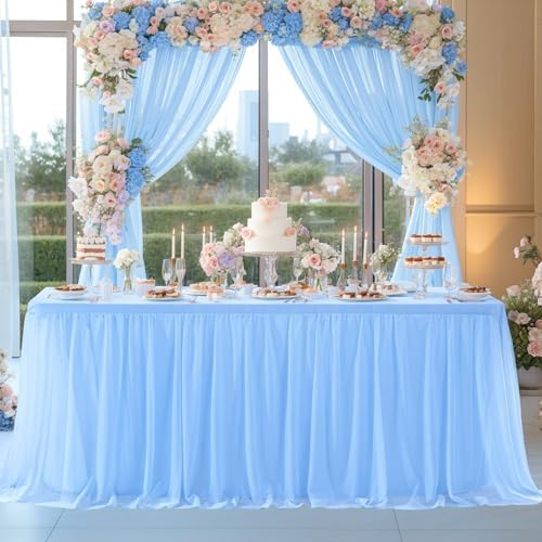 Tao-Ge Baby Blue Tulle Tablecloth for 6ft Rectangle Tables