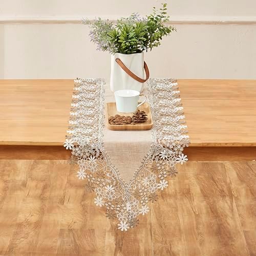Natural Neutral Earth Tones Beige Floral Lace Table Runner 72 Inches Long