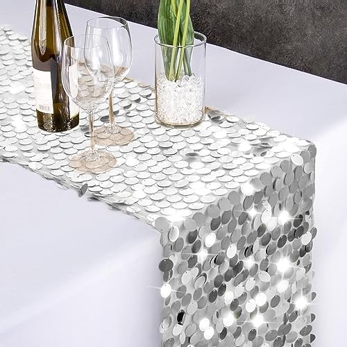 Pufogu 12 x 108 Inch Silver Glitter Table Runner