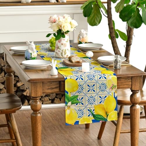 Summer Lemon Table Runner with Blue Tiles Design
