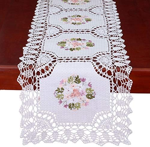 Grelucgo Crochet Table Runner with Ribbon Embroidery 17x72 Inch