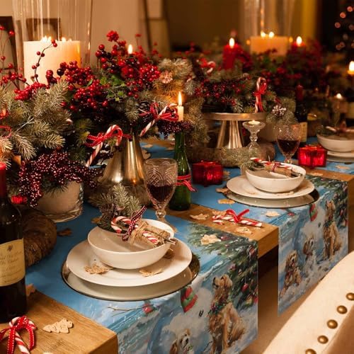 Winter Snowman Pet Dog Linen Table Runner 13x60In