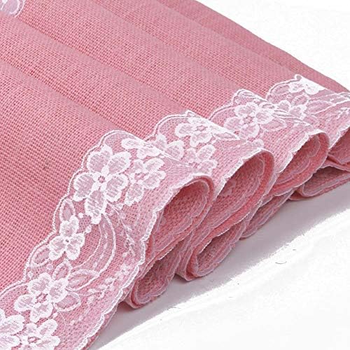 AAYU Pink Burlap Table Runner Placemat with Ivory Lace