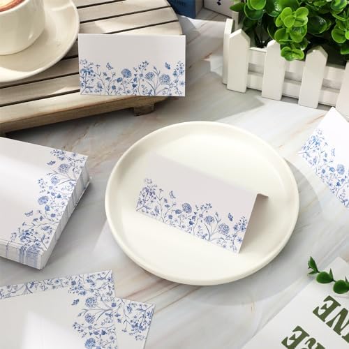 Whaline 100 Pcs Blue Floral Place Cards