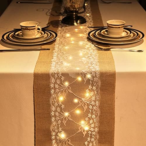 Xinnun 6 Pcs Burlap Table Runner with Lights
