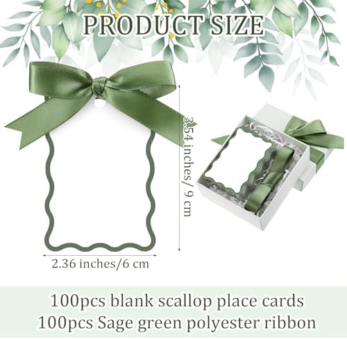 200 Pcs Scallop Name Place Cards with Ribbon Sage Green